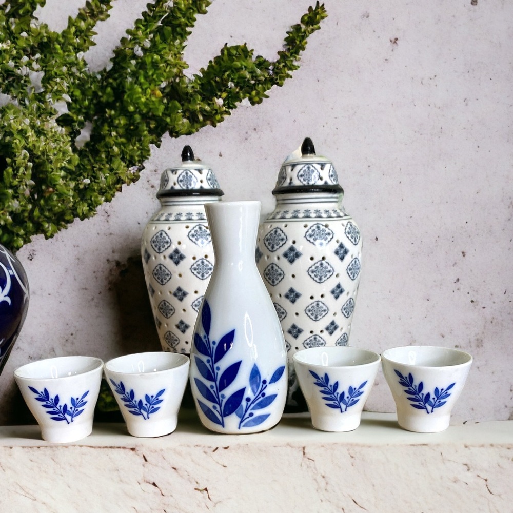 Japanese Sake wine set blue & white porcelain pitcher and  4 cups